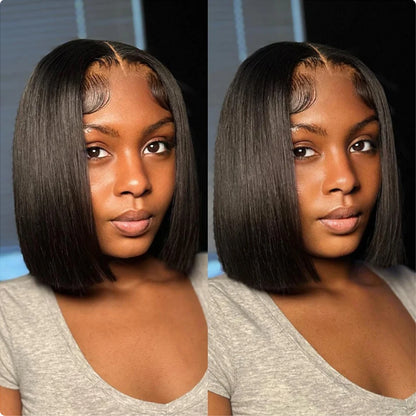 14Inch Wear And Go Glueless Wigs Short Straight Human Hair Bob Straight PreCut Lace Frontal Wigs Upgraded No Glue Wigs For Women