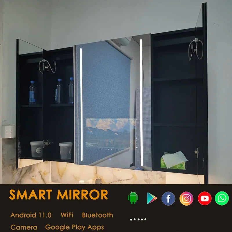 Cabinet With Smart TV Mirror, 3 Door Wall Mounted Cabinet Anti Fog Smart Led Medicine Storage Washroom Toilet Bathroom