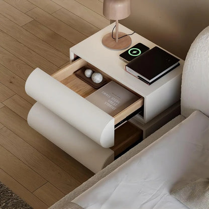 Smart Nightstand Modern White Leather Nightstands with Wireless Charger Bedside Table with 2 Drawers for Bedrooms Living Rooms