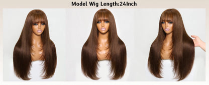 Unice Yaki Straight 4x2 Lace Wig #4 Brown Color Human Hair Wig With Bangs Layered Cut Glueless Wigs Human Hair Ready To Wear