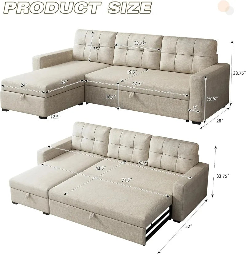 81.5" Sectional Sleeper Sofa with Storage Chaise, L Shaped Pull Out Couch Bed with 3 Removable Back Cushion for Living Room, Apa