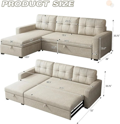 81.5" Sectional Sleeper Sofa with Storage Chaise, L Shaped Pull Out Couch Bed with 3 Removable Back Cushion for Living Room, Apa