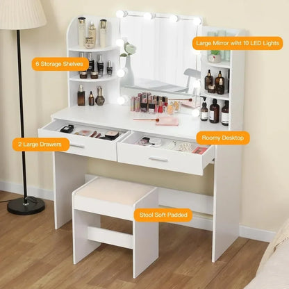 Mirror Vanity Makeup Table Set with  Drawers and Open Shelves