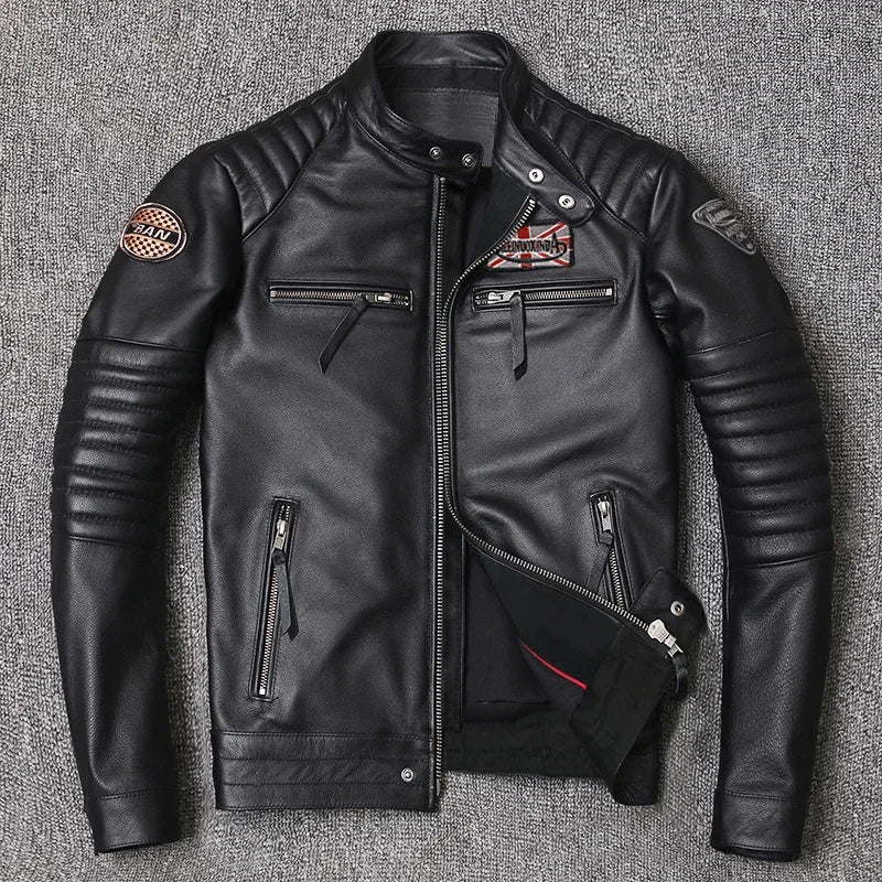 Motorcycle Genuine Leather Jacket for Men Style Biker Jackets Slim Cowhide spring Coat Men