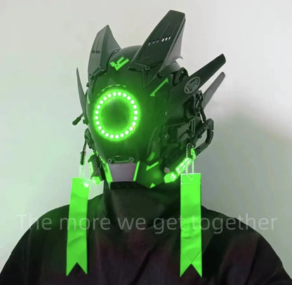 Cyberpunk Mask, Halloween Cosplay Costume Black Full Face Mask, Futuristic Techwear Helmet LED Light, Punk Knight