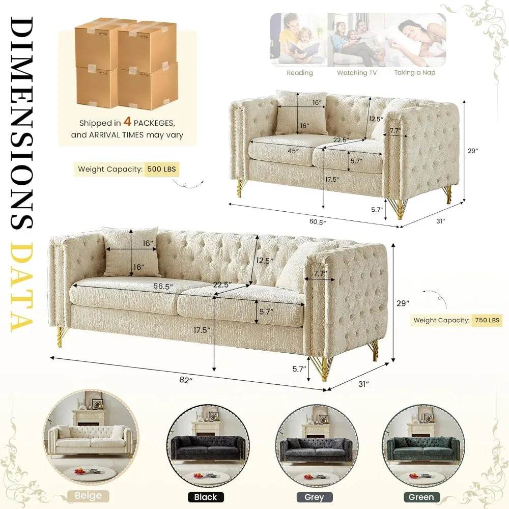 2 Pieces Chenille Living Room Furniture Sofa Couch Set,Button Tufted Comfy Couch with Nailhead Trim&Metal Legs - MarvelouStoree