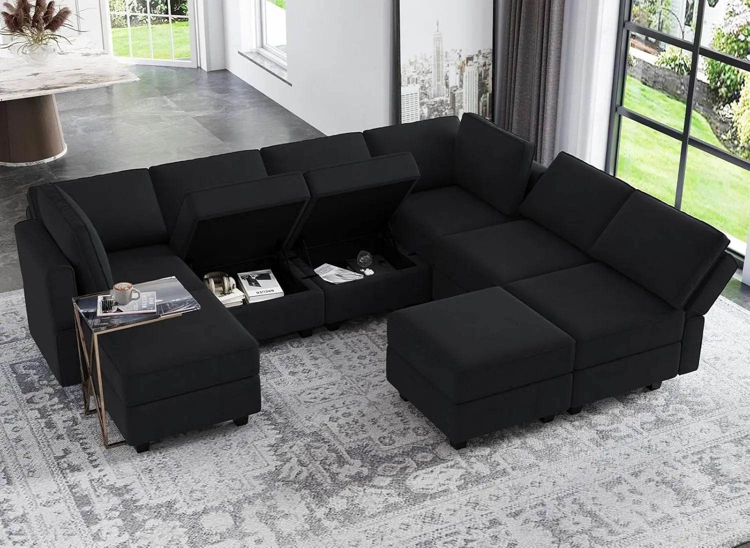 Modular Sectional Sofa with Ottomans Velvet Reversible Sleeper Chaise Bed Storage Seat Black Multi Function Modular Sofa - MarvelouStoree