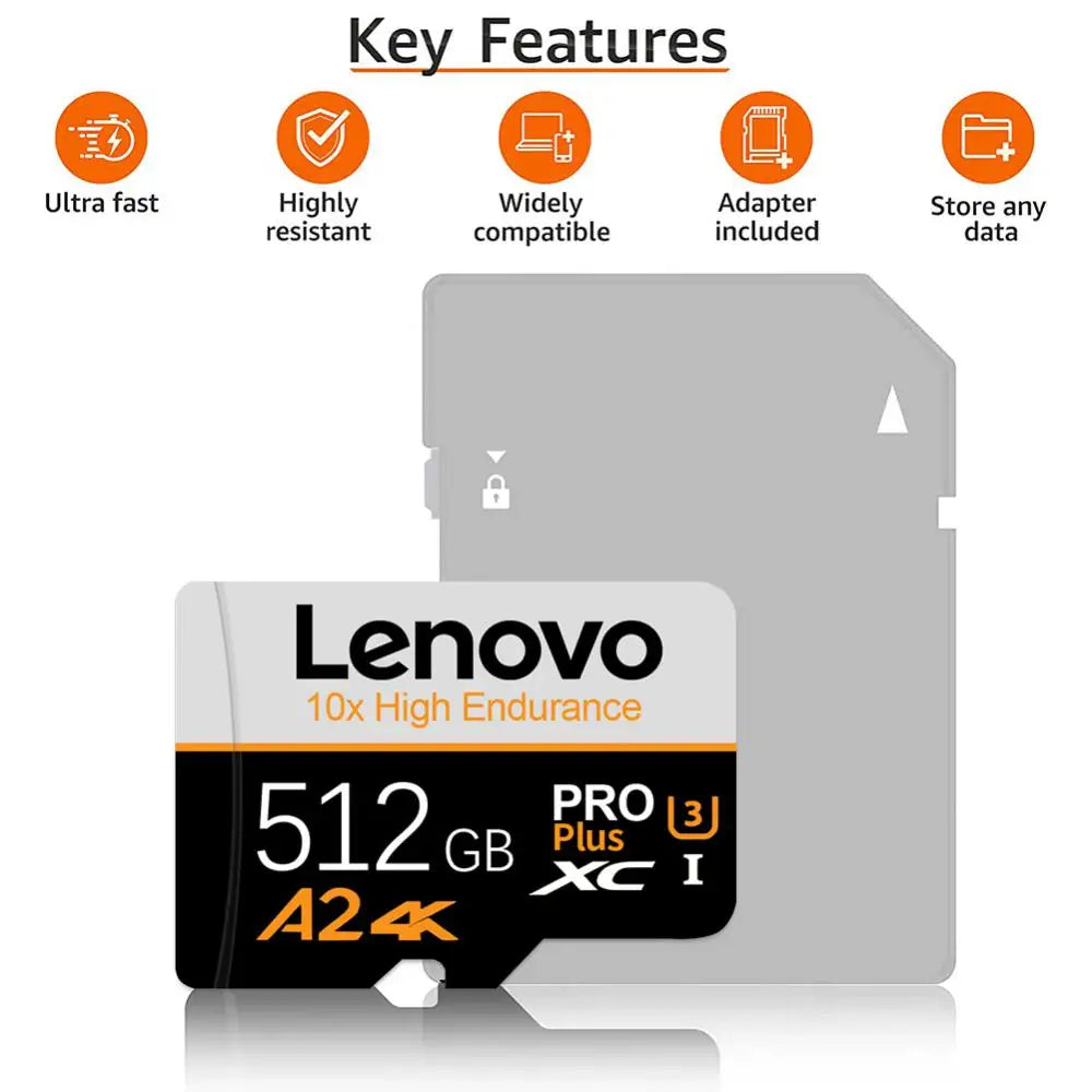 Lenovo 2TB Micro TF SD Card V30 High Speed Memory Card 1TB 512GB Class 10 Video Card SD Card 256GB For Smartphone Camera Drone