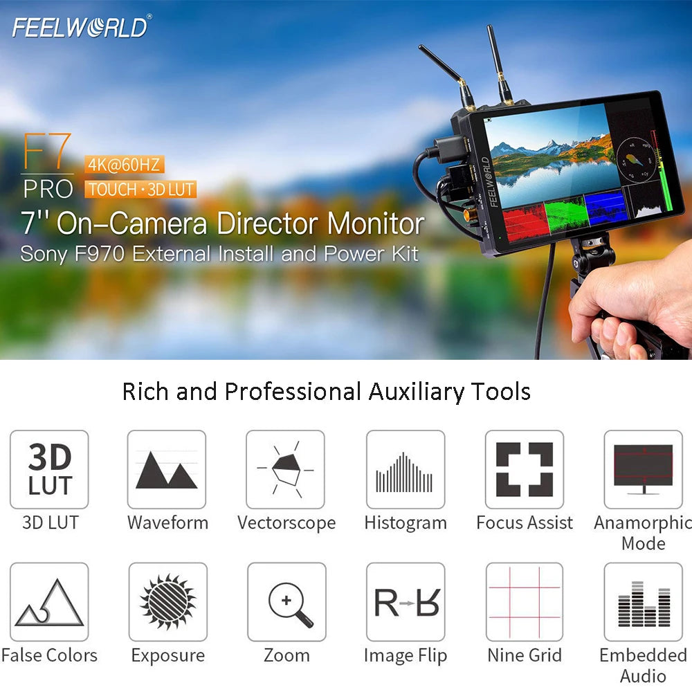 FEELWORLD F7 PRO 7" IPS Touch Screen3D LUT DSLR On-Camera Field Director Monitor HDMI 4K 60Hz HD with F970 External Power Pane