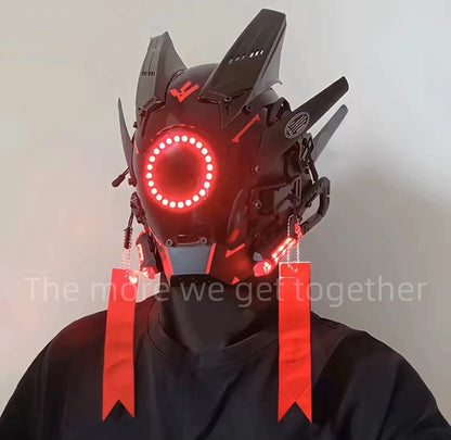 Cyberpunk Mask, Halloween Cosplay Costume Black Full Face Mask, Futuristic Techwear Helmet LED Light, Punk Knight