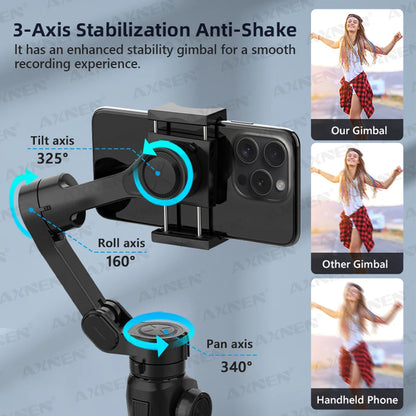 AXNEN HQ4 Smartphone Stabilizer Built-in Selfie Stick, Handheld 3-Axis Phone Gimbal for iPhone Pro Max Android Mobile CellPhone