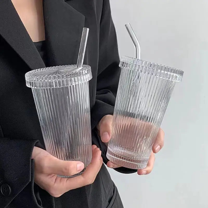 375Ml Stripe Glass Cup with Lid Straw Japanese Style Drinking Chic Mugs Milk Coffee Drinkware Tea Birthday Gifts whiskey Glasses