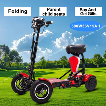 Foldable Mobility Scooter Adults Portable Electric Scooter 500W36V15AH Leisure Tricycle Mini Small Parent-child 4 Wheel Elderly