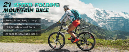 26 Inch Mountain Bike, 21 Speeds Full Suspension Folding Bikes, Dual Disc Brake, High Carbon Steel Frame and Non-Slip - MarvelouStoree