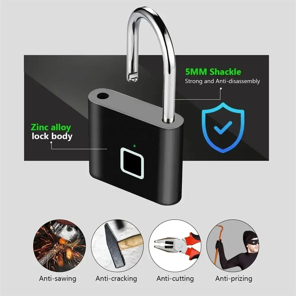 Keyless Smart USB Charging Fingerprint Lock Smart Padlock Waterproof Door Lock 0.3sec Unlock Portable Anti-theft Padlock Zinc