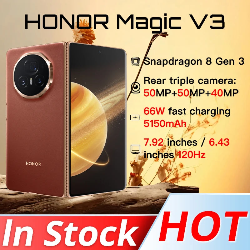 Global Version Honor Magic V3 5G Foldable LTPO OLED 120Hz Display 7.92" 50MP Rear Cameras Snapdragon 8 Gen 3 5150mAh 66W NFC