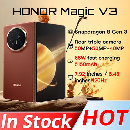 Global Version Honor Magic V3 5G Foldable LTPO OLED 120Hz Display 7.92" 50MP Rear Cameras Snapdragon 8 Gen 3 5150mAh 66W NFC