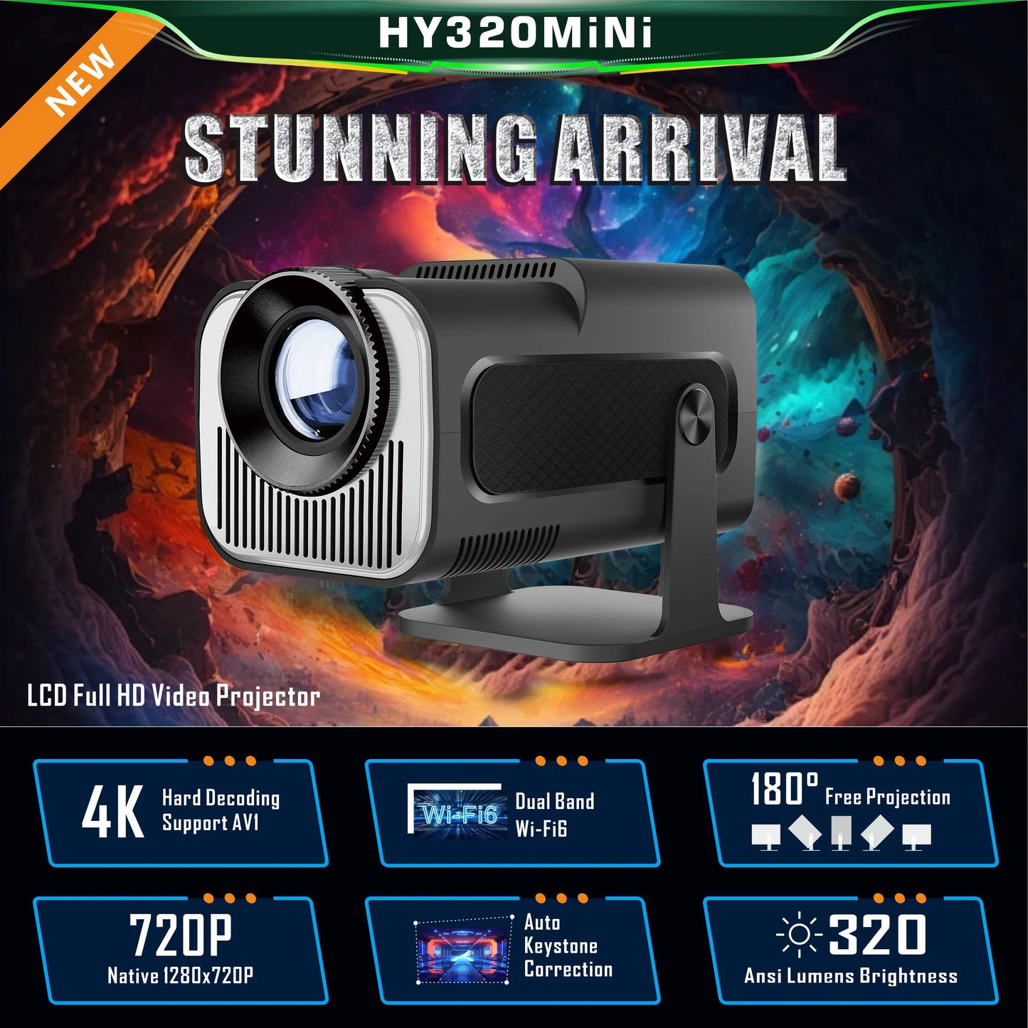 HY320Mini 720P Android 11 4K Home Projector 320ANSI Dual band Wifi6 Wireless 5.0 Cinema Outdoor Portable 180 ° Rotating Projecto