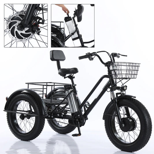 Areyourshop 500W 48V 12A Electric Snow Tricycle 3 wheel E-bike Fat Tire Folding Tricycle