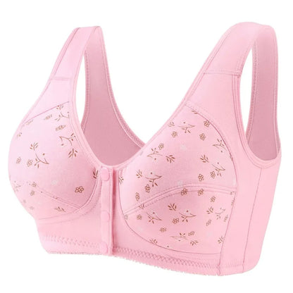 Women's Full Cotton Bras Front Closure Bra Printed Front Soft Cotton Middle-aged And Elderly Bras Plus Size Button Underwear