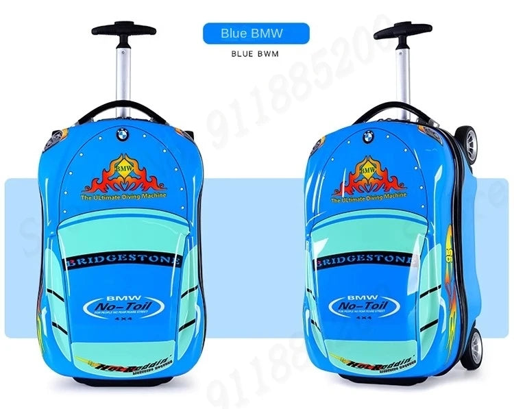 Cartoon Kids Suitcase Boys Can Ride 18" Trolley Box Car Elementary School Backpack with wheels 13" Travel Luggage Boarding Box