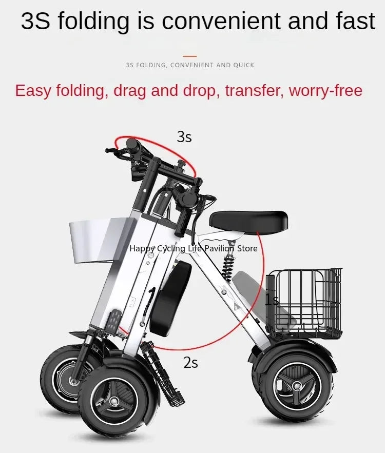 Folding Electric Tricycle With Removable Basket 48V 450W Mini Portable 3 Wheel Electric Scooter With Camping Trailer Support APP