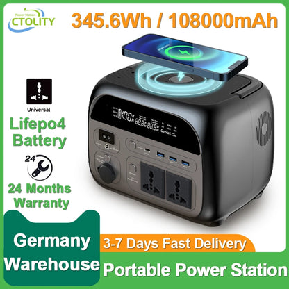 500W Portable Power Station 345.6Wh 108000mAh Solar Generator LiFePo4 Batteries 220V Energy Storage Supply Camping Campervan RV