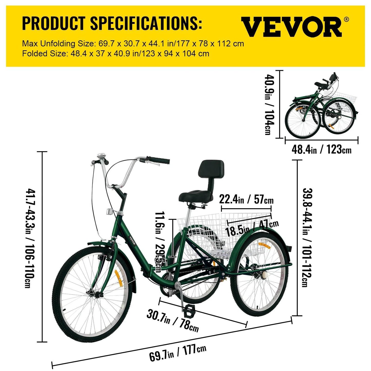 VEVOR Foldable Adult Tricycle 24'' 1 Speed Red White Green Blue 3-Wheel Folding Bike with Shopping Basket - MarvelouStoree