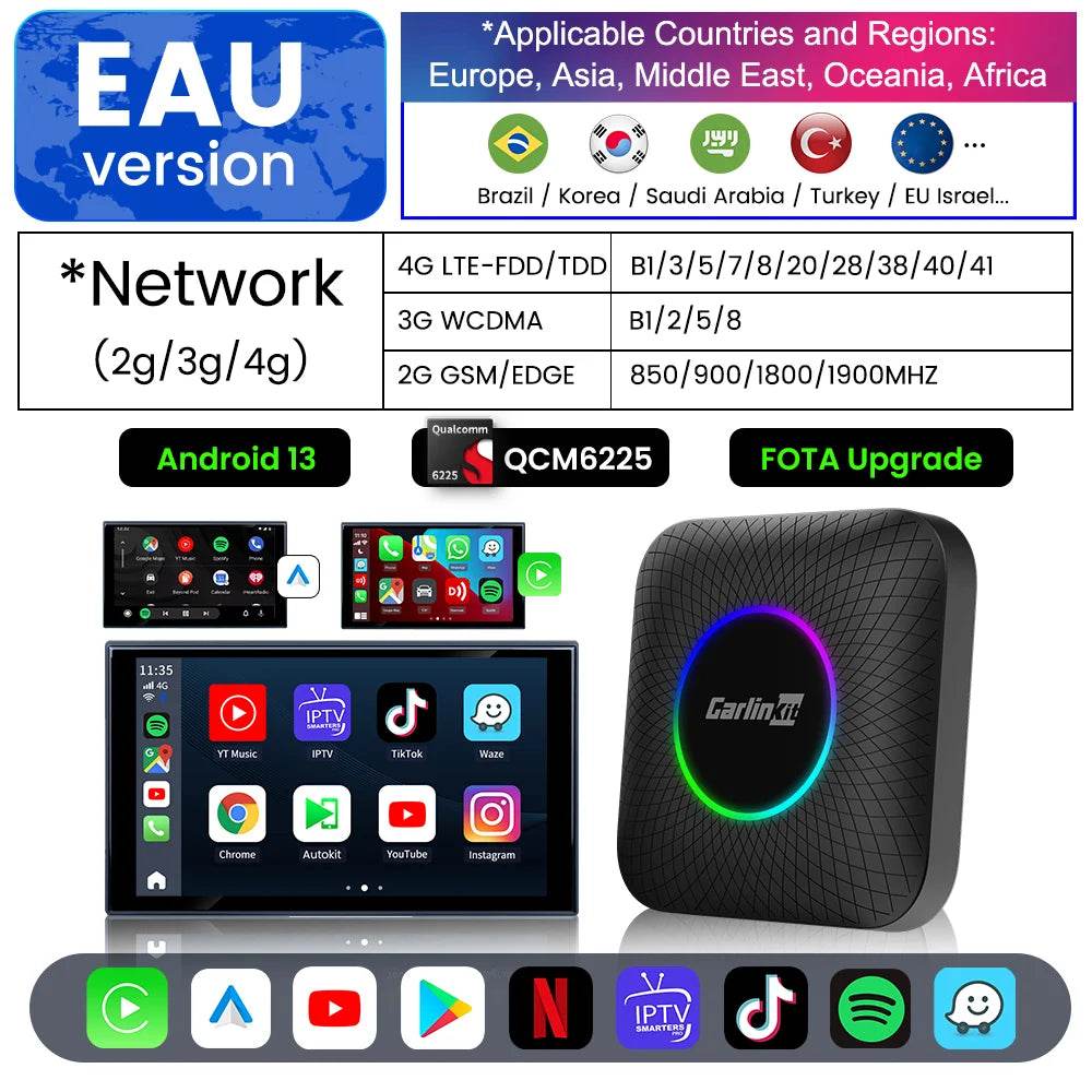 Carlinkit Android 13 Tv Box LED 8+128GB CarPlay Wireless Android Auto Wireless Adapter Support Youtube Netfilx IPTV Spotify GPS - MarvelouStoree