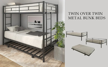 Twin Over Twin Metal Bunk Bed with Trundle Heavy Duty Bunk Beds Frame with 2 Side Ladders Convertible Bunkbed with Safe