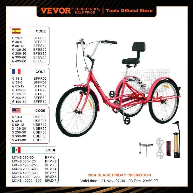 VEVOR Foldable Adult Tricycle 24'' 1 Speed Red White Green Blue 3-Wheel Folding Bike with Shopping Basket - MarvelouStoree