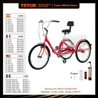 VEVOR Foldable Adult Tricycle 24'' 1 Speed Red White Green Blue 3-Wheel Folding Bike with Shopping Basket - MarvelouStoree