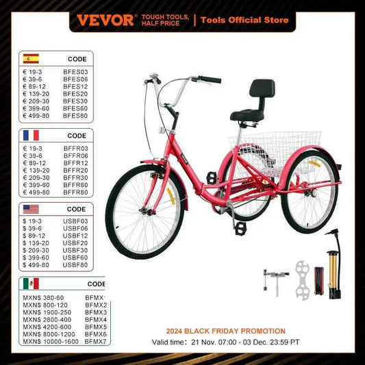 VEVOR Foldable Adult Tricycle 24'' 1 Speed Red White Green Blue 3-Wheel Folding Bike with Shopping Basket - MarvelouStoree