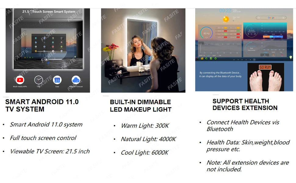 For  24 x 32 Inch Bathroom Vanity Smart Mirror with 21.5" Full Touch Screen Android 11 TV, Wi-Fi Bluetooth 3 Color