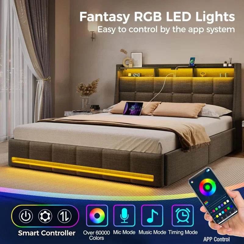 Rostar Queen Size Bed Frame with LED Lights and Charging Station,Upholstered Bed Storage Headboard & Drawers,Heavy Duty W - MarvelouStoree