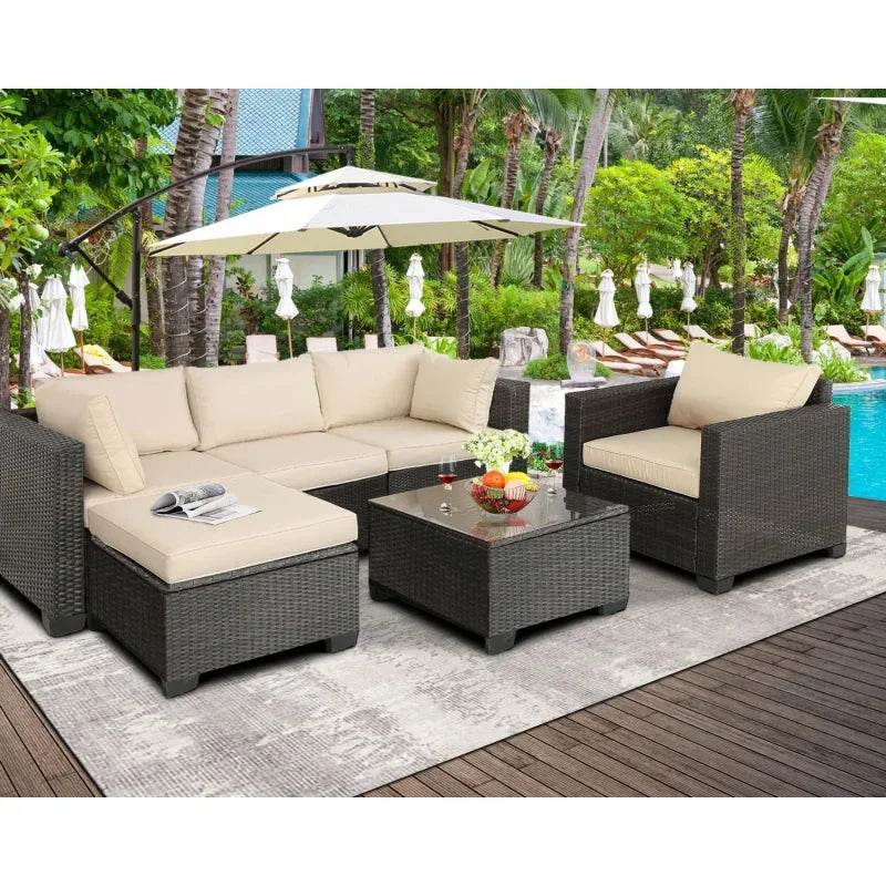 Q6 pieces set outdoor sectional wicker furniture patio couch with Ottoman for lawn, balcony, garden - MarvelouStoree