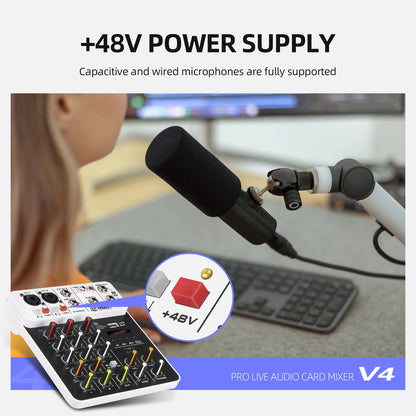 V4 Audio Interface Mixer with Bluetooth USB Recording Computer 48V Phantom Power Delay Replay Effects, 4-Channel Audio Mixer