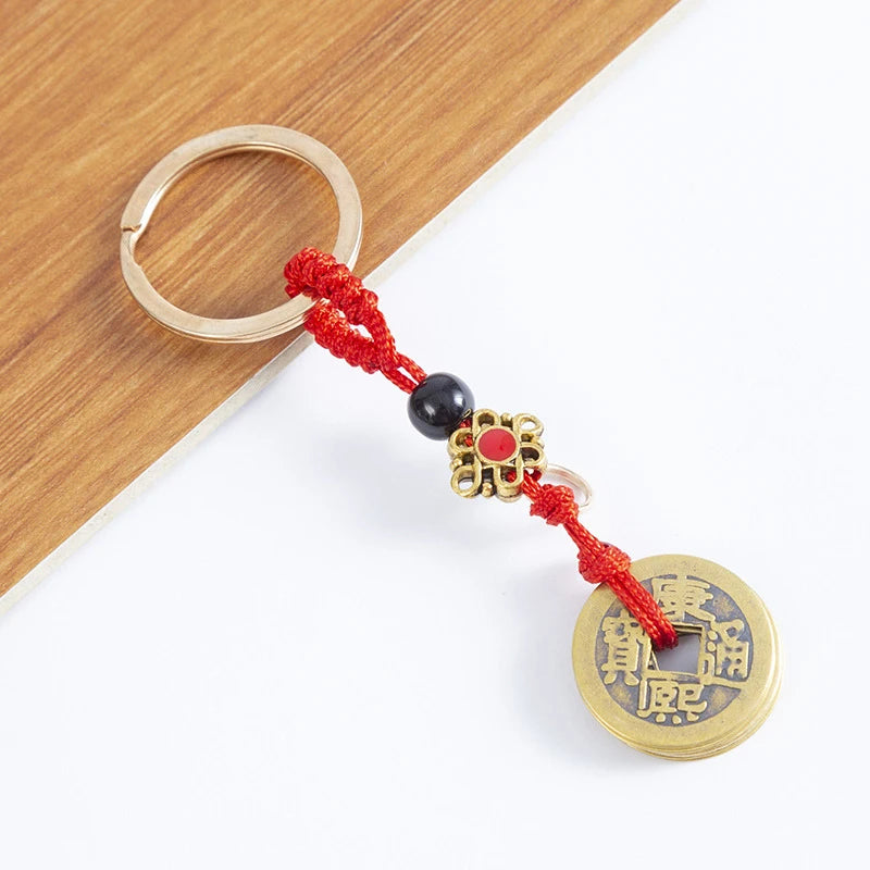 Handmade Rope Lucky Feng Shui Hanging Vintage Brass Money Bag Keychain Pendant Jewelry Ancient Five Emperors Coins Car Key Chain