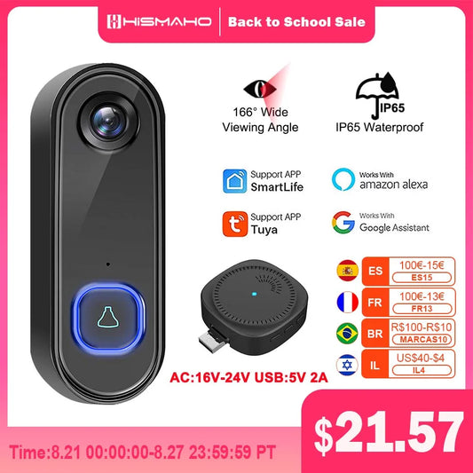 Tuya Video Doorbell 1080P WiFi Wireless Outdoor WaterProof Camera AC Power Security Protection Home Surveillance Alexa Google