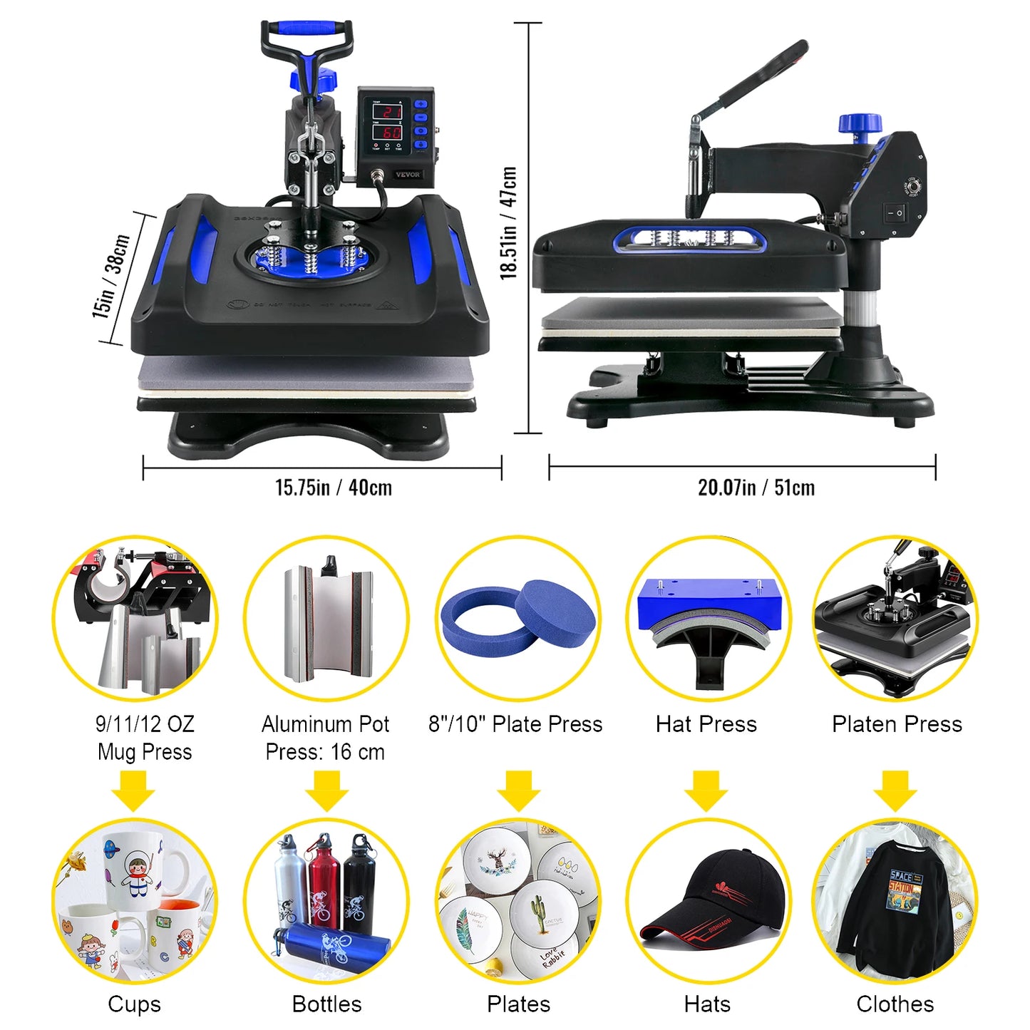 VEVOR 5/8in1 15x15"/12x15" Dual-tube Heating Insulation Cotton Heat Press Sublimation Machine 360° Swing Design for T-shirts Etc