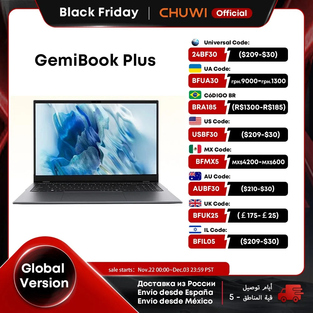 CHUWI GemiBook Plus Laptop 15.6" Intel N100 Graphics for 12th Gen 1920*1080P 16GB RAM 512GB SSD With Cooling Fan Windows 11