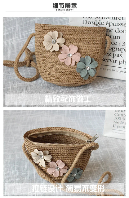 Summer Children's Straw Woven Messenger Bag Lovely Girls Small Coin Purse Handbags Baby Kids Mini Shoulder Bags Princess Wallet