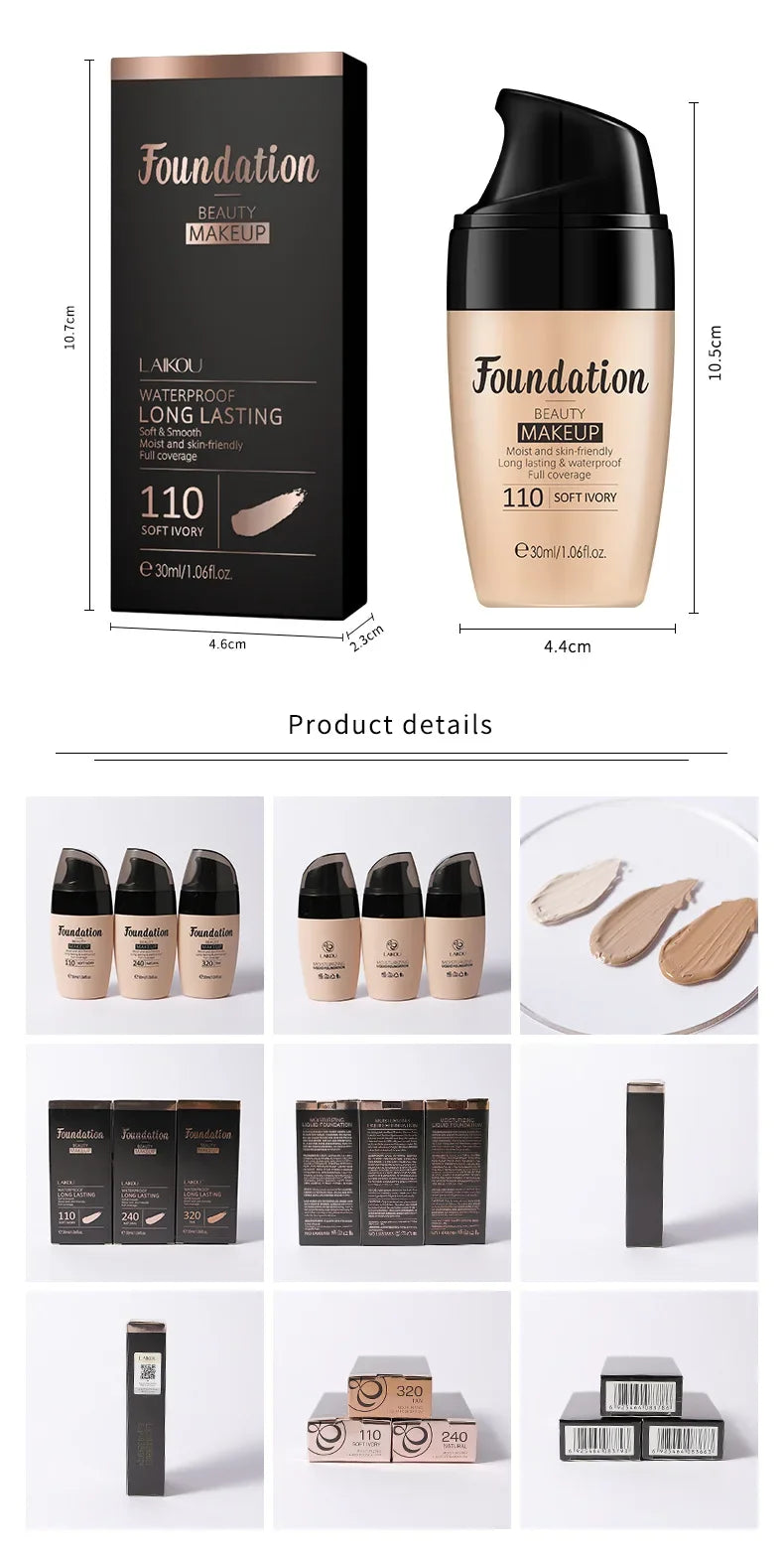 LAIKOU Liquid Foundation Moisturizing Long Lasting Face Comestics Natural Brighten Face Base Tone Make Up 30ml