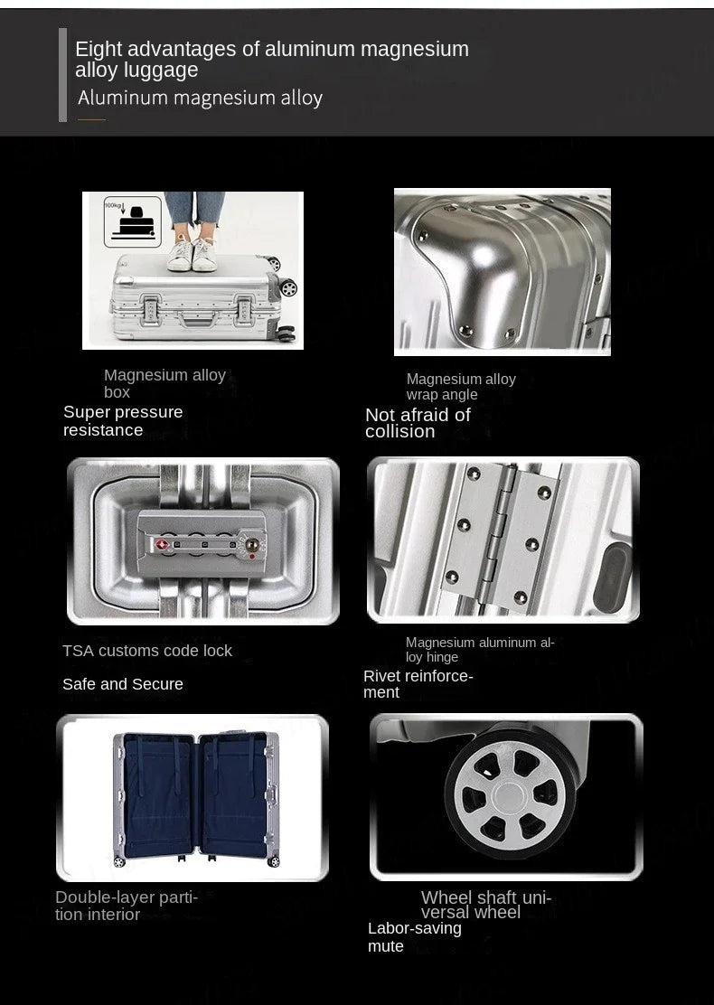 Suitcase 100% Aluminum Magnesium Alloy Rolling Luggage Password Trolley Case 20 26 30 Inch Metal Business Carry on Travel Bags