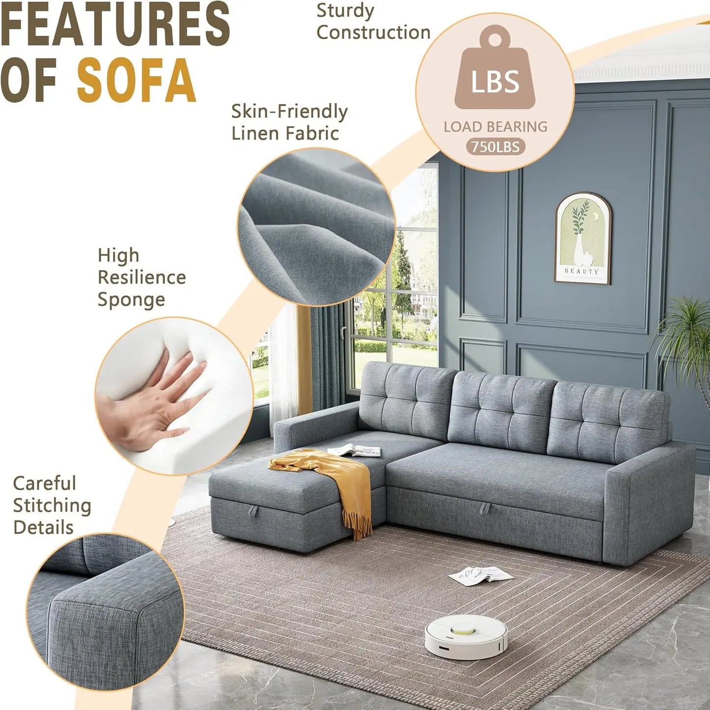 81.5" Sectional Sleeper Sofa with Storage Chaise, L Shaped Pull Out Couch Bed with 3 Removable Back Cushion for Living Room,Apar