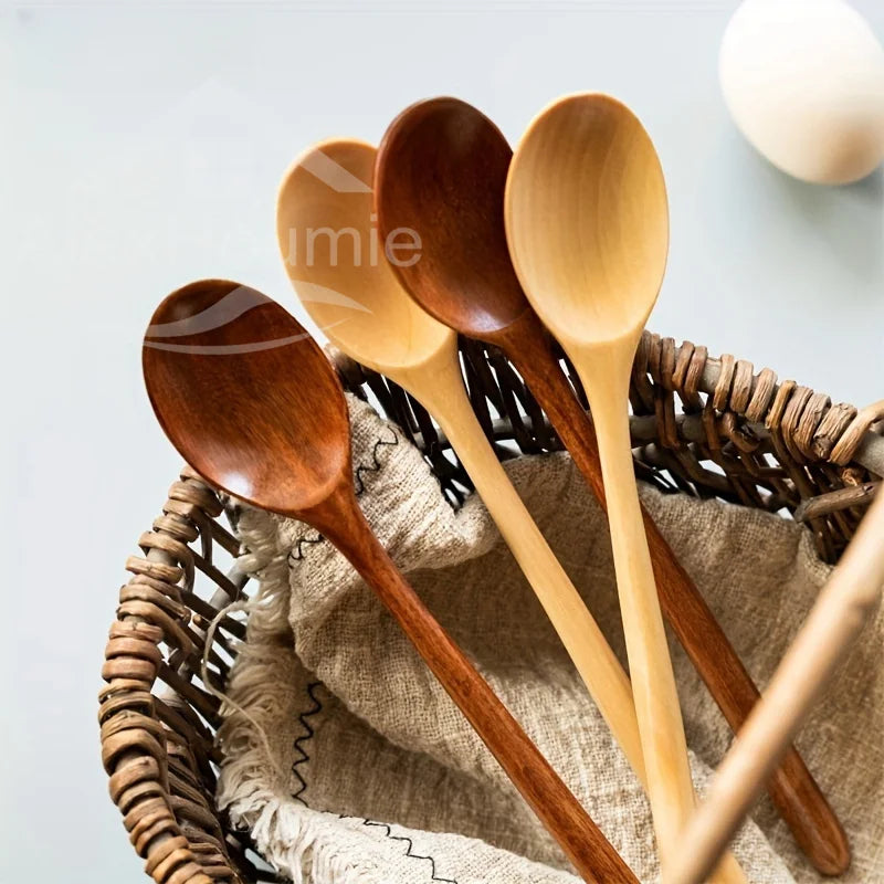 6 Piece Wooden Spoon Bamboo Kitchen Korean Style 9 '' Inch Natural Wood Soup Tableware Cooking Honey Coffee Spoon Mixing Spoon