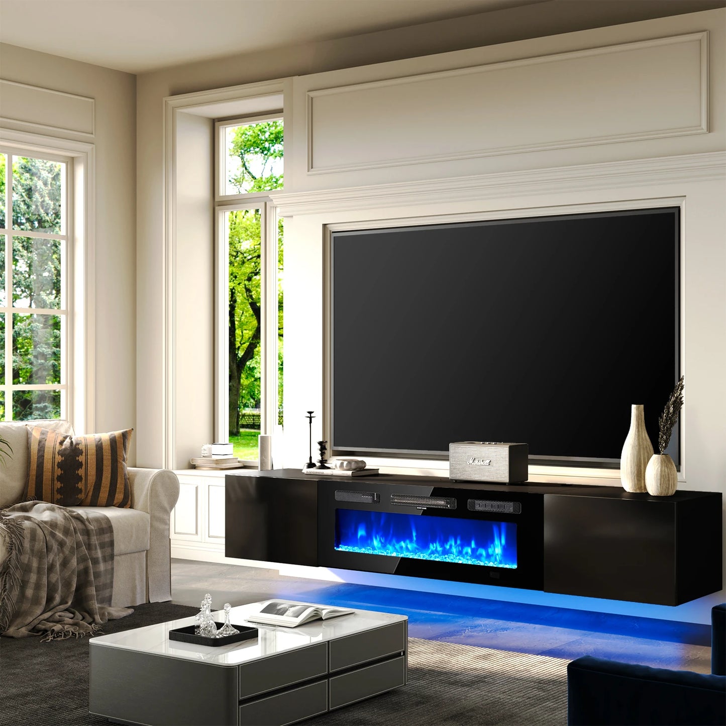 Floating TV Stand with 36" Electric Fireplace,Wall Mounted Fireplace Entertainment Center,70" TV Console with Fireplace