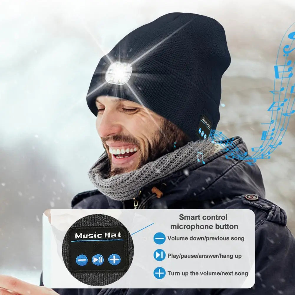 Music Call Enabled Beanie Rechargeable Bluetooth Led Winter Cap with High Brightness Illumination Wireless Music for Camping