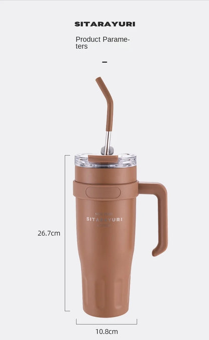 Large Capacity Car Insulated Cup Handle Straw Cup Stainless Steel Office Outdoor Travel Coffee Cup