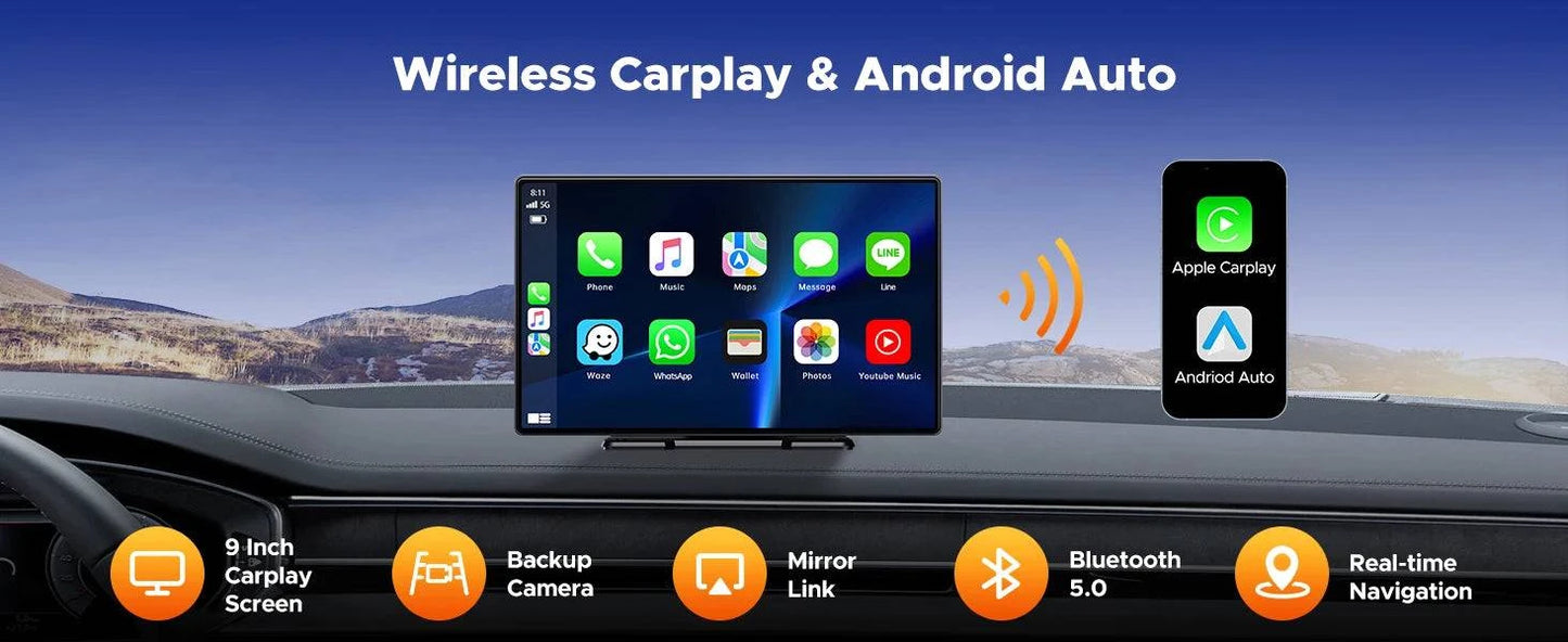 TOGUARD 9" Wireless Apple Carplay Android Auto Car play Screen CarPlay Display,2.5K Dashcam DVR GPS Wifi BT with Reverse Camera